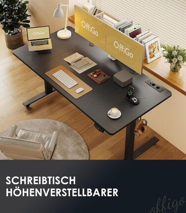 Електричний стіл OffiGo, 160x70 см: регулювання висоти, 2 пам'яті, з розетками та USB, для офісу та дому, чорний