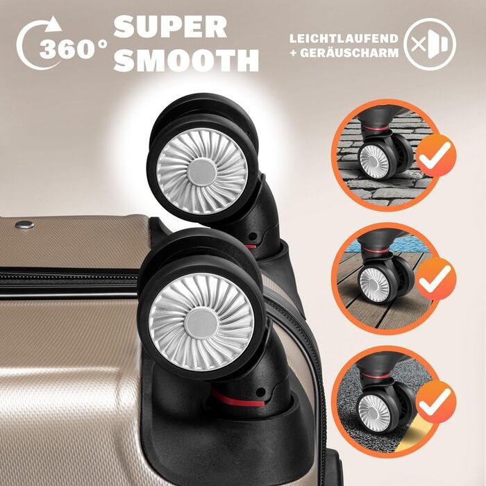 Набір валіз Monzana® 3шт Exopack з TSA замком, жорсткий корпус, M-L-XL, гелеві ручки, 4 колеса, підставка, ручний багаж, валіза для подорожей, колір шампань