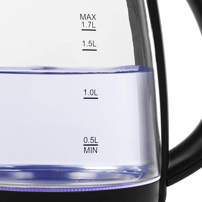 Скляний чайник, 1,7 літра, обертається на 360, 2200 Вт, прихований нагрівальний елемент, із захистом від перегріву та википання, з синім світлодіодним кільцем Multicolor, 3400