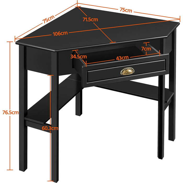 Кутовий стіл Компактний комп'ютерний стіл з ящиком і полицями Кутовий стіл для маленької кімнати, 106 71,5 77 см (чорний)