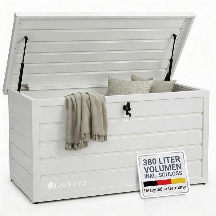 Ящик для зберігання вуличний Juskys Metall Limani 380л - водонепроникний, з замком - для саду, подушок, меблів (білий)