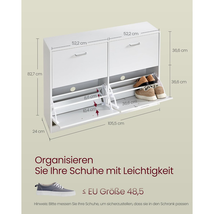 Шафа для взуття VASAGLE з 4-ма дверцятами, 16-28 пар, білий колір, регульована перегородка, 24 x 105,5 x 82,7 см