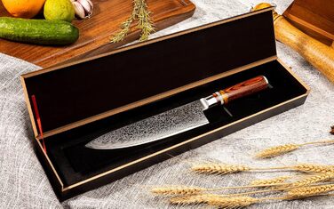 Японський кухонний ніж FANTECK Gyuto з дамаської сталі 20 см (67 шарів VG-10) з дерев'яною ручкою, професійний ніж для кухні, подарункова коробка