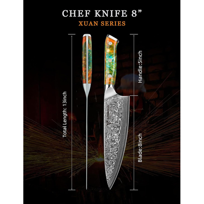 Ніж кухарський 20 см Xuan Серія VG10 Дамаський сталь - Ніж для кухні з ручкою з смоли (Фантастичний помаранчевий)