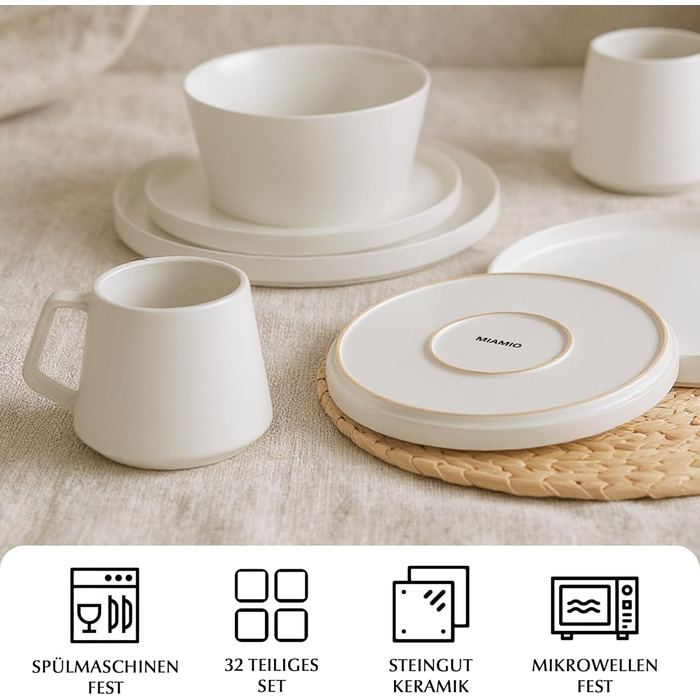 Набір посуду Miamio на 8 осіб (24 шт.) з каменю, сучасний сервіз – підходить для миття в посудомийній машині та використання в мікрохвильовій печі – розкішна колекція (білий)