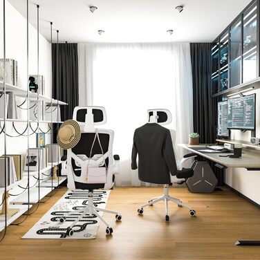 Ергономічне крісло для офісу з регульованою підголівником та поперековою підтримкою – високе офісне крісло з сітчастою спинкою та м'яким сидінням, вішалка для одягу та функцією блокування (Чорний колір з білим каркасом)