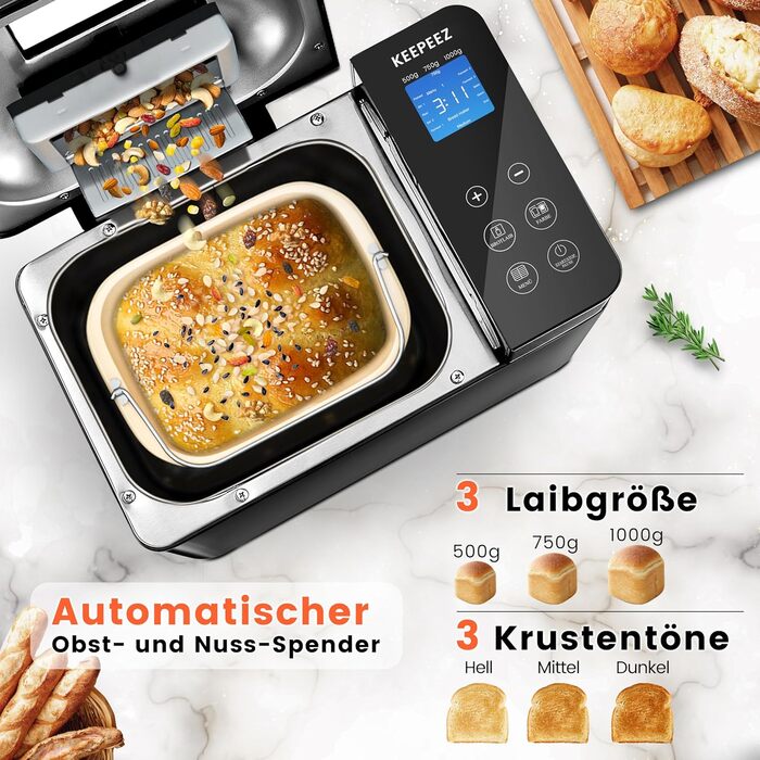 Професійний хлібопекарський автомат з нержавіючої сталі з керамічною формою, сенсорним екраном та двома датчиками температури, 17 програм, дозатор горіхів, 710W, 1 кг, таймер