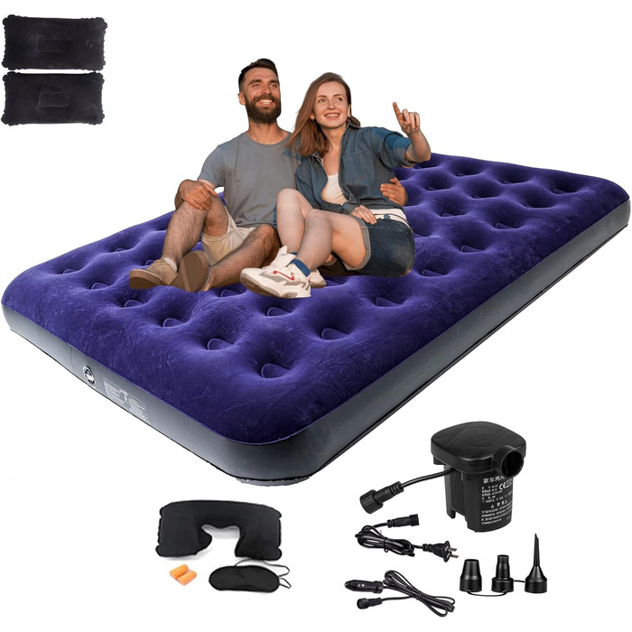 Надувне ліжко Icelus 204x153x23 см з повітряним насосом. Ліжко для кемпінгу, подорожей та дому. Blue Black, двоспальне.
