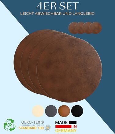 Набори серветок Garnier® з екологічного шкіряного матеріалу, 4 шт. – Миючі, стабільні, протиковзні – Виготовлено в Німеччині (круглі, темно-коричневі)