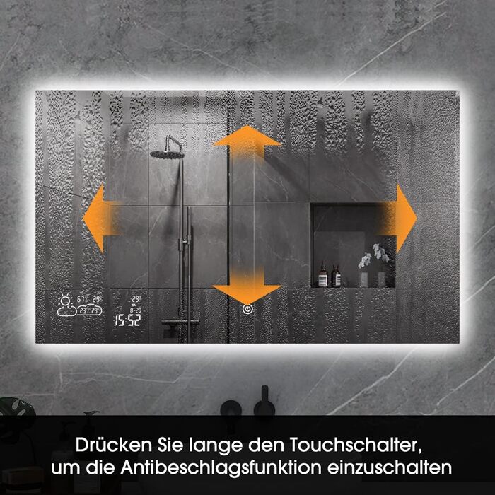 Дзеркало для ванної кімнати LED Byecold з підсвічуванням, 60x80 см, з Wi-Fi, погода та дата, сенсорне управління