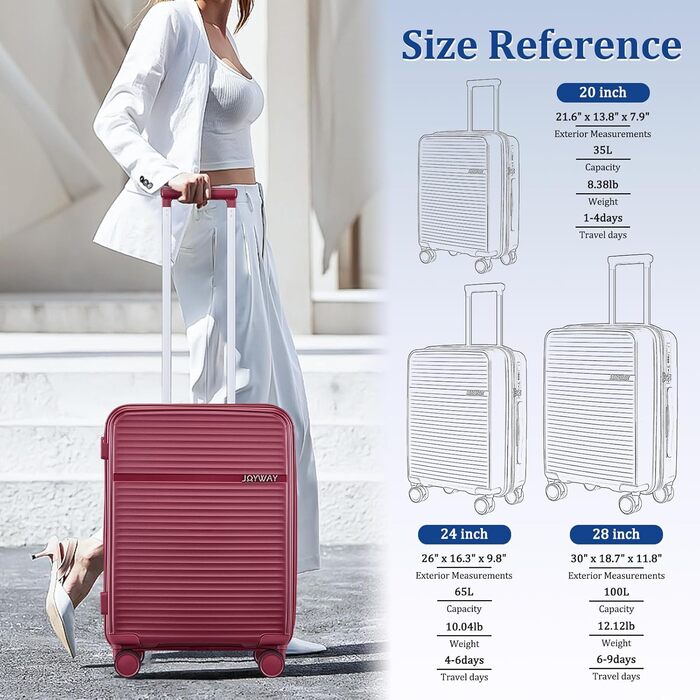 Набір валіз Joyway 4 шт. з жорстким корпусом та TSA-замком. Розширюваний набір валіз, містить 1 велику сумку (Червоний).