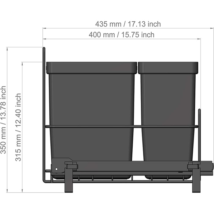 Вбудована висувна корзина для сміття з 2 кошиками (11l, 16l) висувна корзина антрацит 32, 8x43,3x35, 4 см - система поділу сміття Duo для кухні Нижній шафа 11L 16L, 64/2