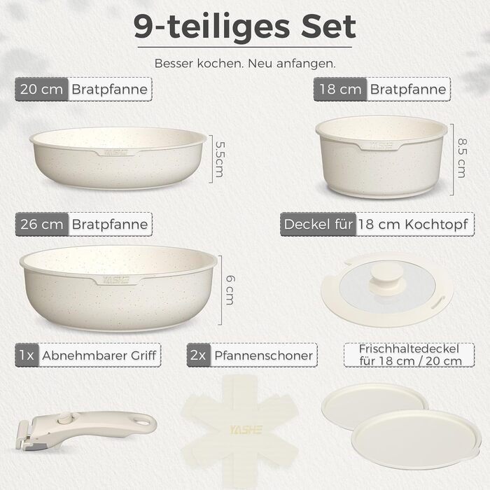Набір посуду YASHE 9 предметів: каструлі та сковорідки з антипригарним покриттям, білий, для всіх плит, знімний ручка, сумісний з духовкою, компактний, сталевий