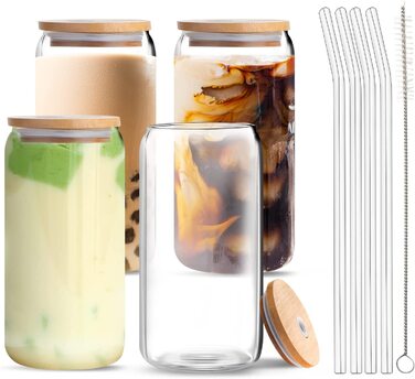 Стакани для пиття Aikio з бамбуковою кришкою і скляною соломкою, 4 набори, 473 мл, стаканчики для кави з льодом, скляні стаканчики у формі банок, пивні келихи, Pi