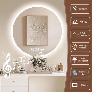 Дзеркало для ванної кімнати Habison з підсвічуванням 70x70 см LED, з годинником, сенсорним вимикачем, регулюванням яскравості, протизапобіжним покриттям, 3-кратним збільшенням, Bluetooth