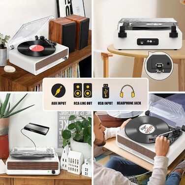 Вініловий програвач Udreamer з Bluetooth, динаміками, USB, AUX, RCA, 3 швидкості, ремінний привід, дзеркальний дизайн, білий