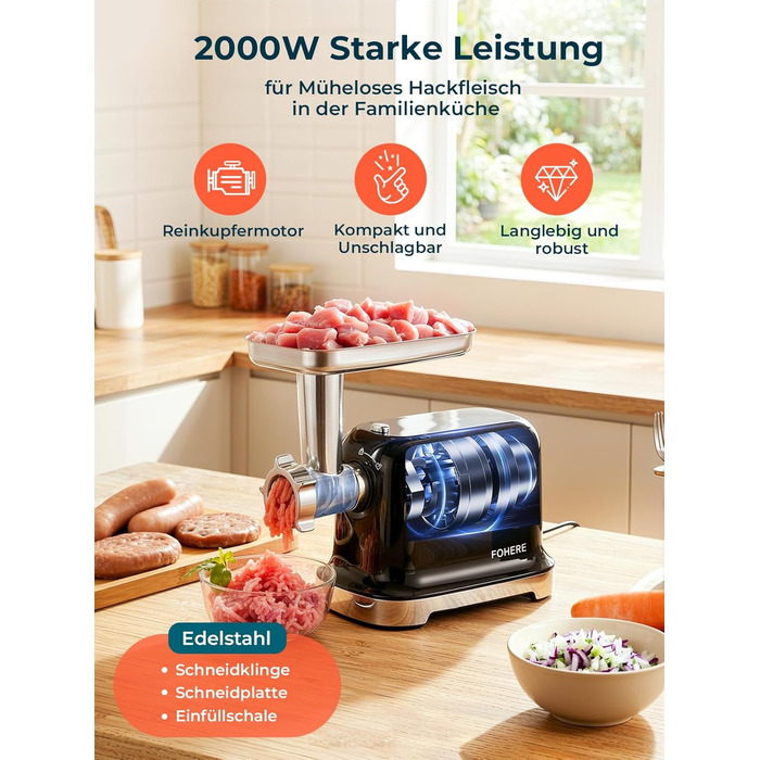 М'ясорубка електрична Fohere 2000 Вт з насадками для ковбас та кубів, 3 диски (3/5/7 мм), чорна