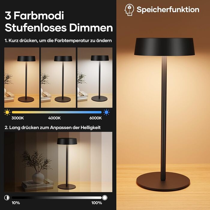 Сонярна LED лампа Suright настільна, акумуляторна, USB-C, 3 режими, регулювання яскравості, IP65, чорна