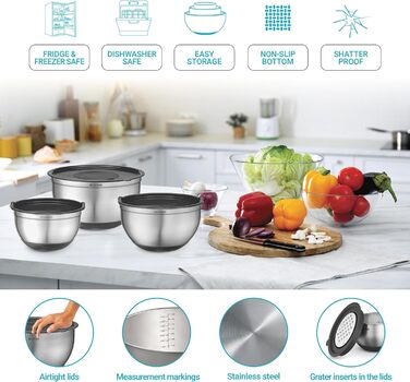 Набір місок для перемішування з кришками 5 шт. - міски для зберігання з герметичними кришками та тертками - містки з нержавіючої сталі з неслизьким покриттям для випічки, зберігання продуктів та приготування (Чорний)