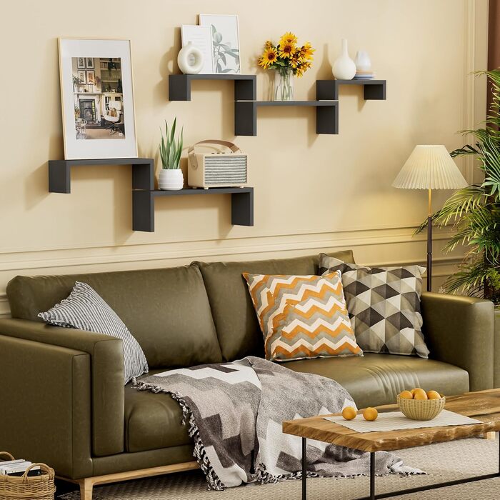 Полиця настінна SRIWATANA біла 5 шт., дерев'яна, плаваючі полиці до 40 кг, сучасна настінна полиця для декору, DIY монтаж для вітальні, ванної, спальні, офісу, кухні (Чорний)