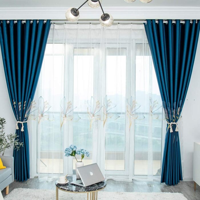 Лактраум штора для спальні вітальні з вишитими квітами лілії темно-синій 145x245 см (ШхВ)