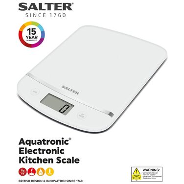 Великі електронні цифрові кухонні ваги Salter 1056 WHDR, ваги з РК-дисплеєм, що легко читаються, функція додавання та зважування тари, тонкий дизайн, компактне сховище, функція Aquatronic для вимірювання рідин білий