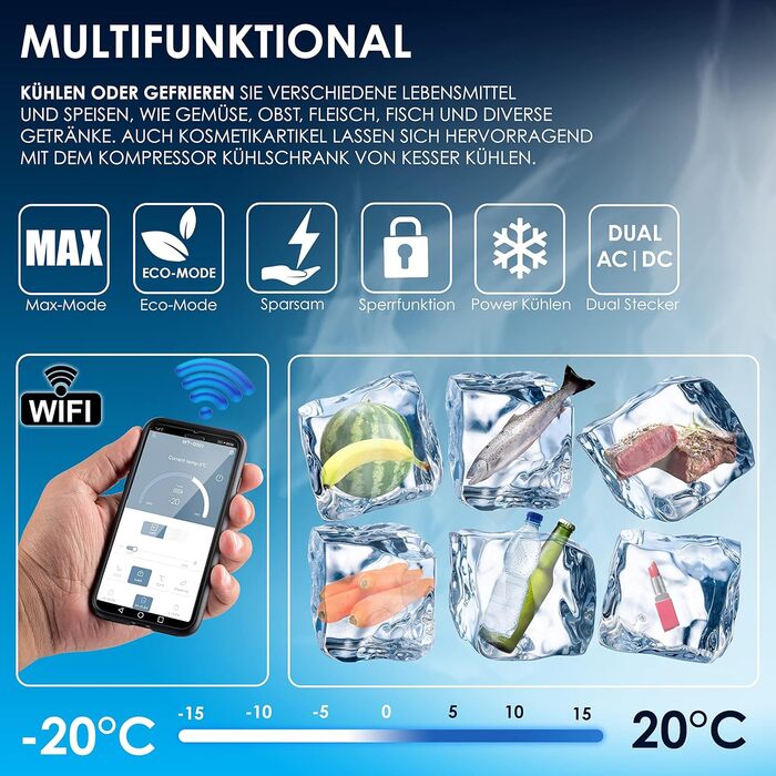 Холодильник-морозильник KESSER® Kompressor 52 л, з керуванням через APP, USB, 12/24/230V, -20°C, для авто/човнів, з телескопічною стійкою та коліщатами
