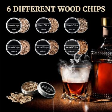 Набір для копчення віскі – Old Fashioned Cocktail, з 6 ароматичними дерев'яними чіпсами, 4 гранітними каменями для віскі, запальничкою та аксесуарами для любителів віскі та коктейлів (без бутану). Класичний набір