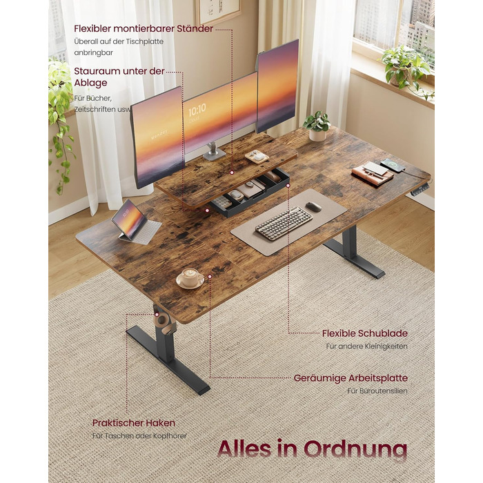 Стіл письмовий регульований по висоті VASAGLE з підставкою для монітора, шухлядою, USB-C та нагадуванням про перерви, 140 x 70 см, Vintage Brown
