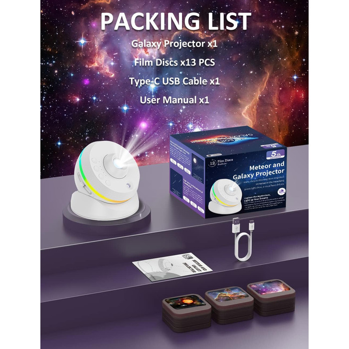 Проєктор зоряного неба VanSmaGo 8-го покоління Sternenhimmel Galaxy: Планетарій, нічник HD з обертанням 360° та таймером (білий)