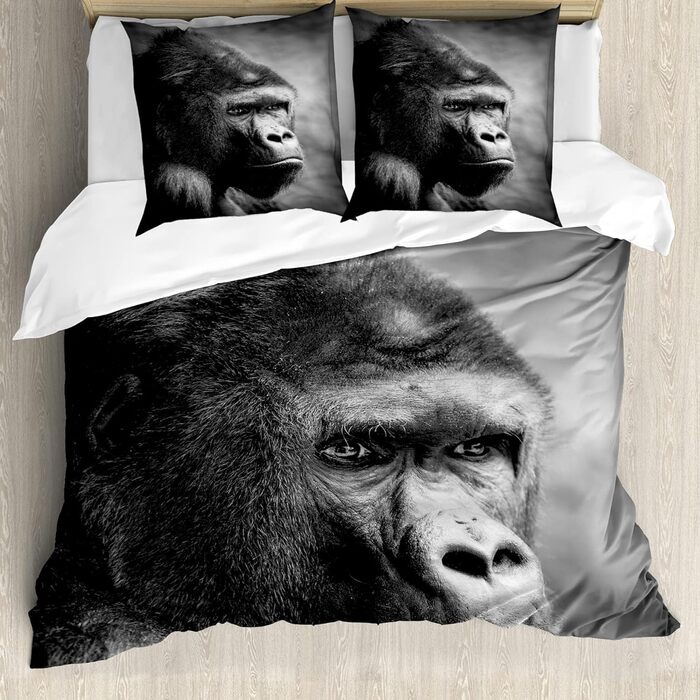 Набір підковдр ABAKUHAUS Gorilla для односпальних ліжок, портрет орангутанга крупним планом, захист від кліщів для алергіків підходить з наволочкою, (200 см x 200 см - 80 x 80 см, сірий світло-сірий)
