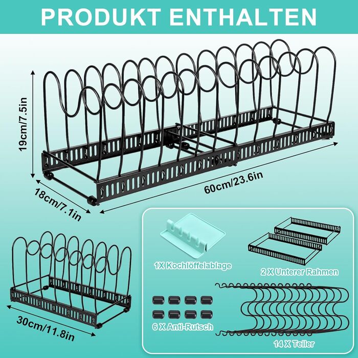 Тримач для кришки та ложки для каструлі, 14 відділень, розширюється, органайзер для кухні, сковорідок і тарілок