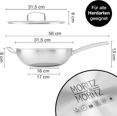 Вафельниця Moritz & Moritz з нержавіючої сталі 30 см з керамічним покриттям нового покоління - підходить для всіх типів плит - антипригарний вок з вафельною структурою для смаження, тушкування та варіння (з кришкою)