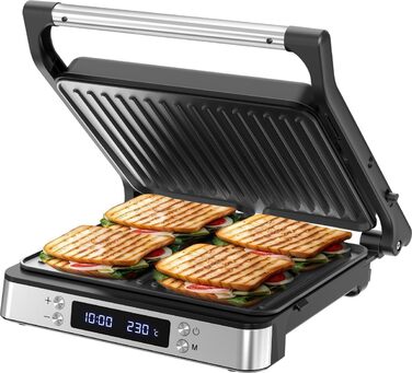 Olvy Sandwichmaker XXL: Цифровий контактний гриль 3-в-1 з антипригарним покриттям, регульована температура, таймер, велика поверхня приготування, Cool-Touch ручка, покриття без PFAS