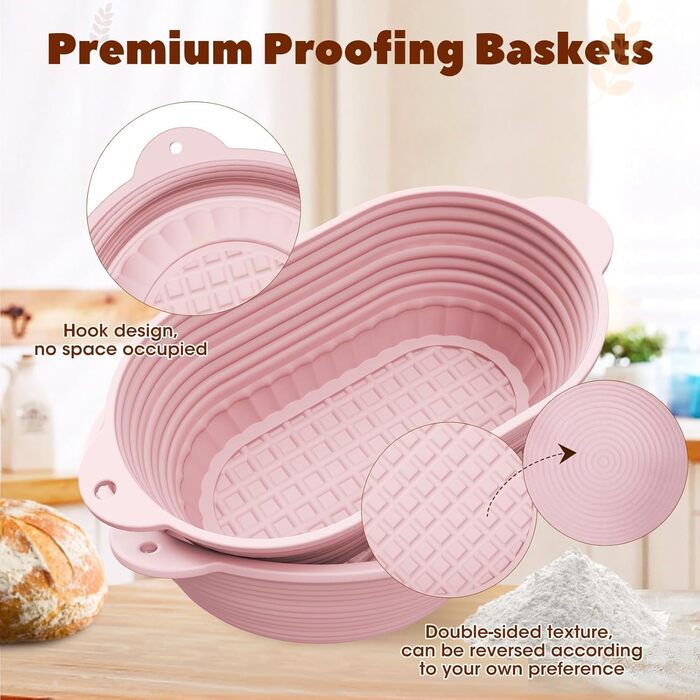 Набір для закваски з силікону MQFORU: 30 шт. Гірчаки (28 см круглі, 29 см овальні), скляна тара 730 мл, щітка, скребок. Для випікання хліба (рожевий)