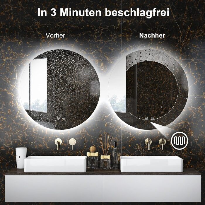 LED дзеркало для ванної кімнати з підсвічуванням Round - регульоване по яскравості з 3 кольорами світла (3500K-6500K), сенсорний вимикач, запобігає запотіванню - дзеркало для ванної кімнати з підсвічуванням для макіяжу та гоління (60см фонове освітлення)