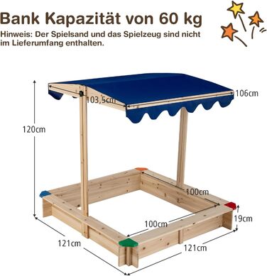 Дерев'яна пісочниця DREAMADE 121x121x120 см з регульованим дахом, для дитячого майданчика в саду, вдома, на пляжі