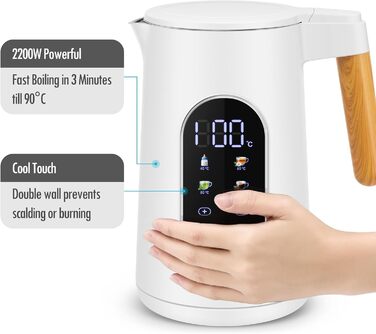 Електричний чайник ForMe з нержавіючої сталі, 1.7 л, регулювання температури 40-100°C, LED дисплей, функція підтримання тепла, BPA Free, білий