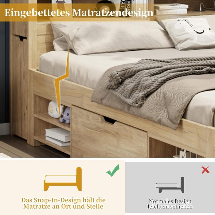 Ліжко дитяче 90x200, 140x200, з ящиками, полицями та дошкою, захистом від падіння, з ламелями, з місцем для зберігання, для підлітків, функціональне, дерев'яне ліжко, без матраца, біле