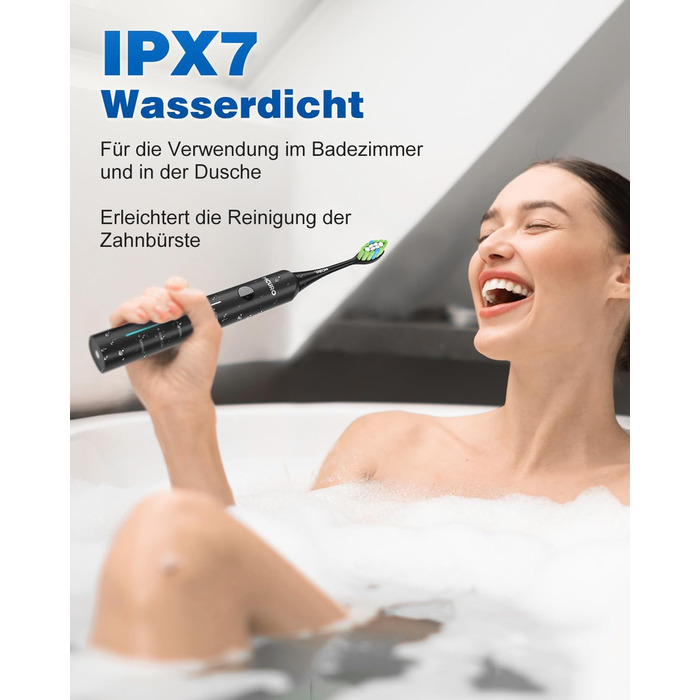 Електрична звукова зубна щітка, 45000 VPM, відбілювання за 1 тиждень, 120 днів роботи від акумулятора, індикатор заряду, 6 насадок DuPont, 5 режимів, таймер, чорна
