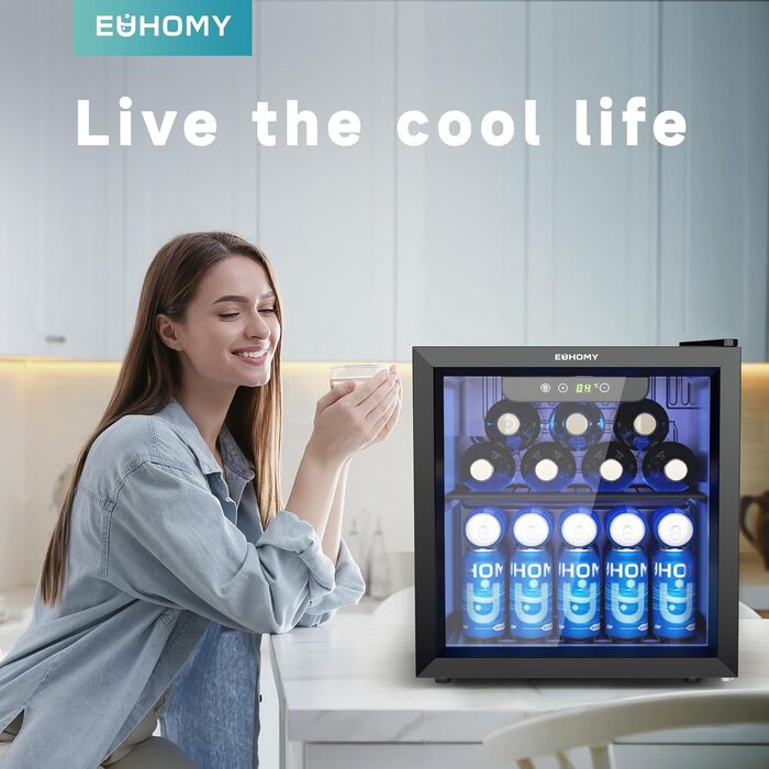 Міні-холодильник EUHOMY для напоїв на 55 банок з скляною дверцятами, чорного кольору, 36 л, для офісу, кімнати, бару, з LED-підсвіткою, 43 дБ