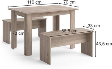 Набір обідніх столів Vicco Sentio, дуб, 110x70 см, 2 лавки (Sonoma)