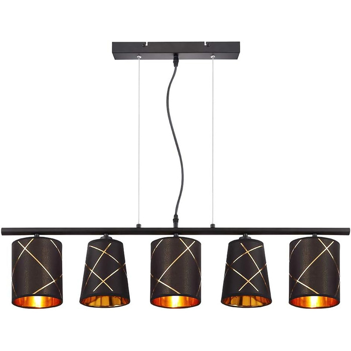 Підвісний світильник Globo підвісний світильник обідній стіл з чорного золота 5 полум'я світильник для їдальні E14 світильник для вітальні підвісний сучасний, із золотистими лініями декору, 5 шт. E14, LxH 90x140 см