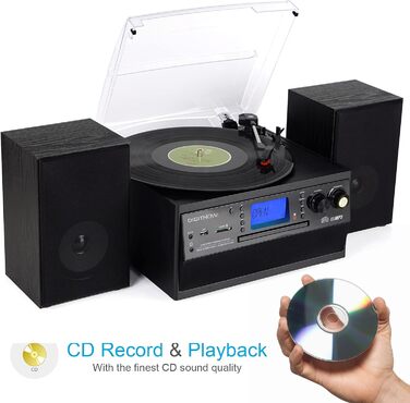 Програвач вінілу з Bluetooth, USB, функцією кодування, CD-програвачем, FM-радіо та касетою, 3 швидкості (33/45/78 об/хв), вбудовані динаміки, мультиколір