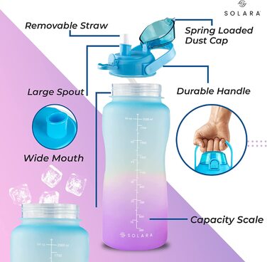 Пляшка для пиття SOLARA з соломкою / пляшка для пиття об'ємом 1 л з позначкою часу / пляшка для води Tritan об'ємом 1 л з позначкою часу / герметична пляшка для води об'ємом 1000 мл з соломинкою, що не містить бісфенолу А (Блакитна Фуксія, 2 літри)