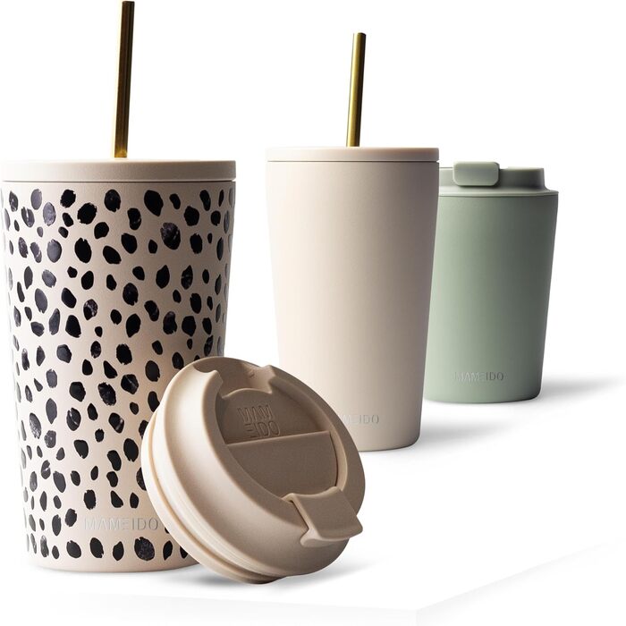 Термокружка MAMEIDO з соломкою: сталева, подвійні стінки, 470 мл, Almond Flakes