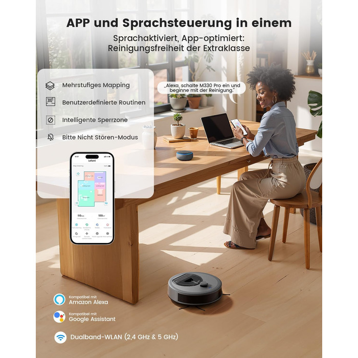 Робот-пилосос LEFANT M330 Pro з функцією миття, 5000Pa, лазерна навігація, PSD-технологія, керування через додаток, 160 хв роботи, для тварин, килимів, твердих підлог, сірий