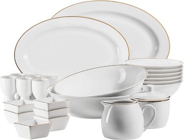 Професійна їдальня MSER 931532 на 6 персон білого кольору з набором кавового посуду з 18 предметів, фарфор (золота оправа, набір аксесуарів)
