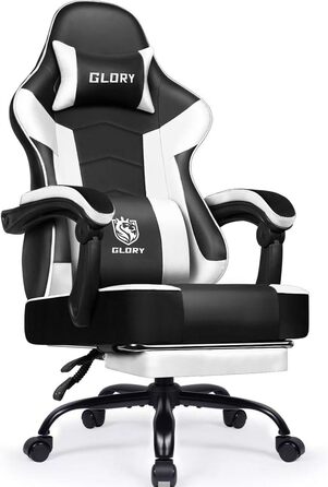 Ігровий крісло, ергономічний офісний стілець з телескопічною підніжкою, підголівник та підтримка попереку, регульований та поворотний, 150 кг, білий