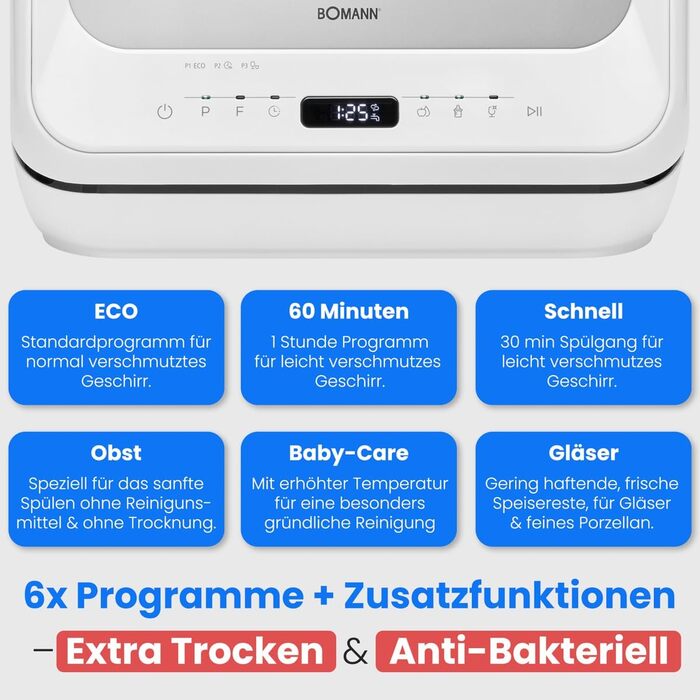 Посудомийна машина Bomann® TSG 5704: компактна, для кемпінгу, з підключенням/без, 36-70°C, 6 програм, 42 см